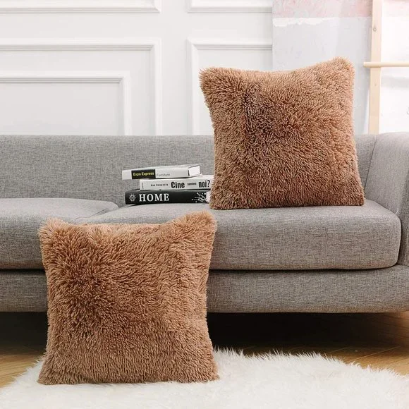 Tan/Khaki Luxury Furry Faux Fleece Pompom Cute Dorm Throw Pillow Decor Cover Set - Picture 2 of 8